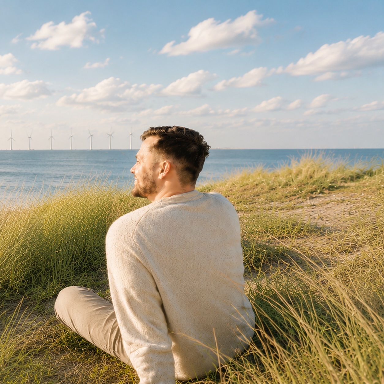 Lächelnder Mann sitzt im Strandhafer in den Dünen am Meer als Symbol für Hypnose bei Allergien in Cuxhaven.