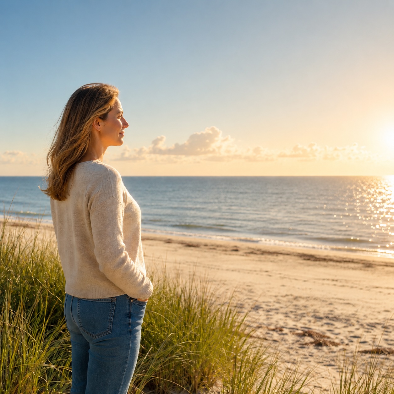 Frau blickt auf das Meer als Symbol für Hypnose bei Migräne in Cuxhaven.