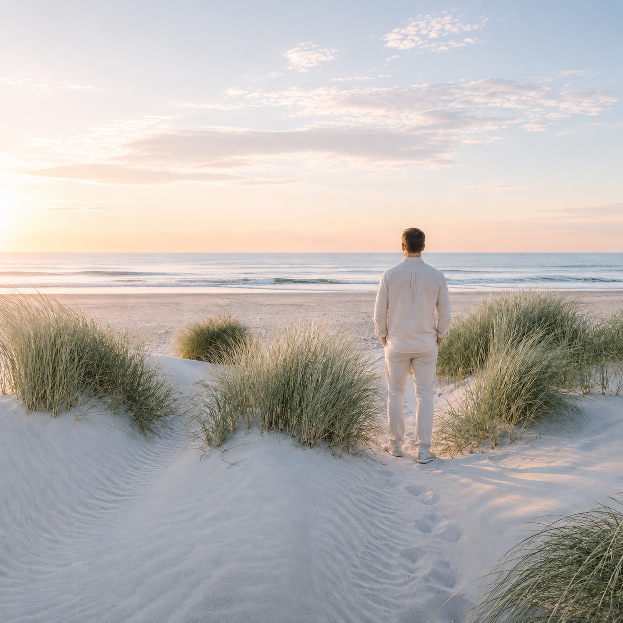 Person blickt von den Dünen auf das Meer – Symbol für Hypnose bei unerwünschten Verhaltensweisen in Cuxhaven.