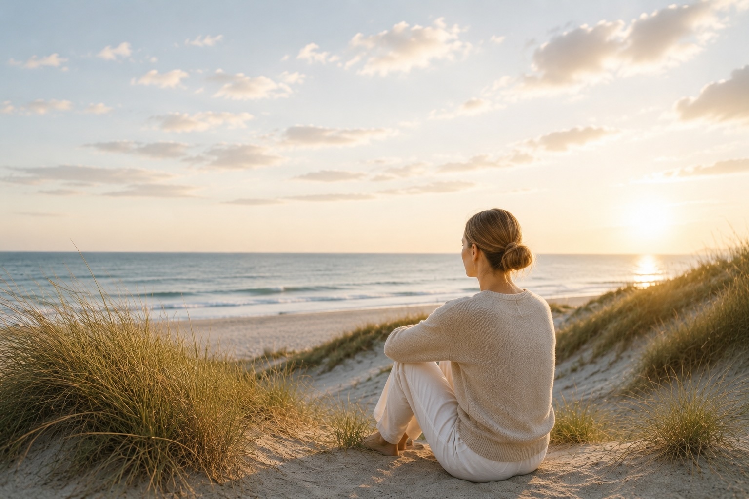 Person sitzt in den Dünen und blickt auf das Meer – Symbol für inneren Wandel und Ursachenlösung mit der Yager-Therapie in Cuxhaven