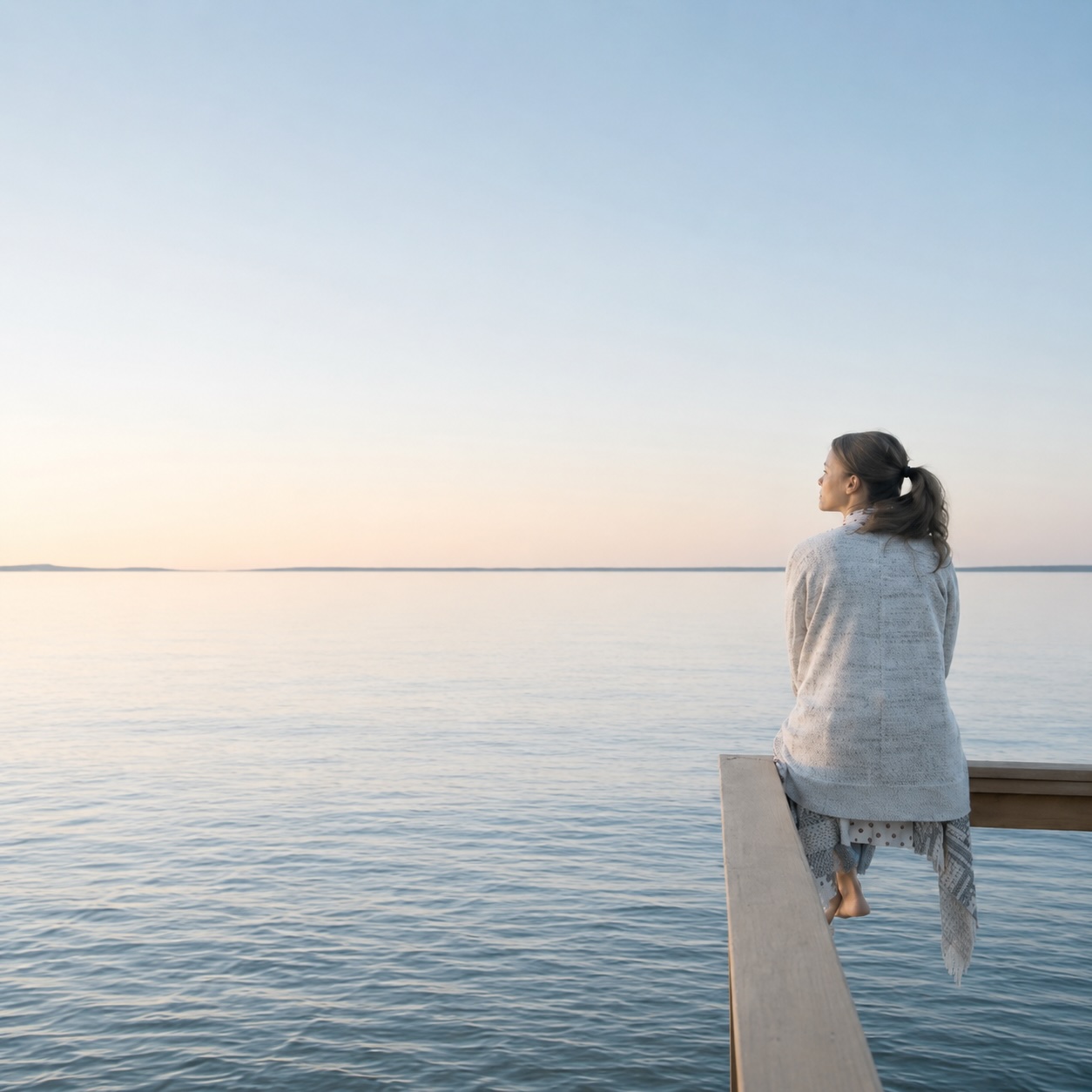 Frau sitzt auf einem Steg und blickt über das Wasser als Symbol für Hypnose bei Stress in Cuxhaven.