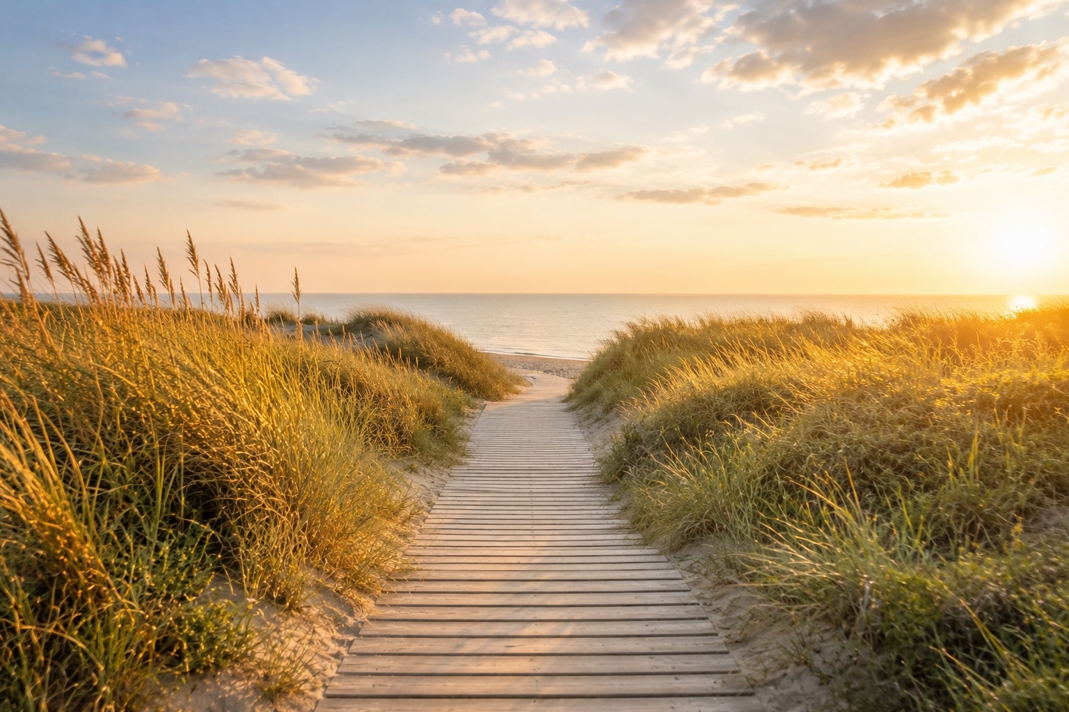 Holzsteg durch die Dünen zum Meer im warmen Abendlicht – Symbolbild für neue Wege aus einer Depression.