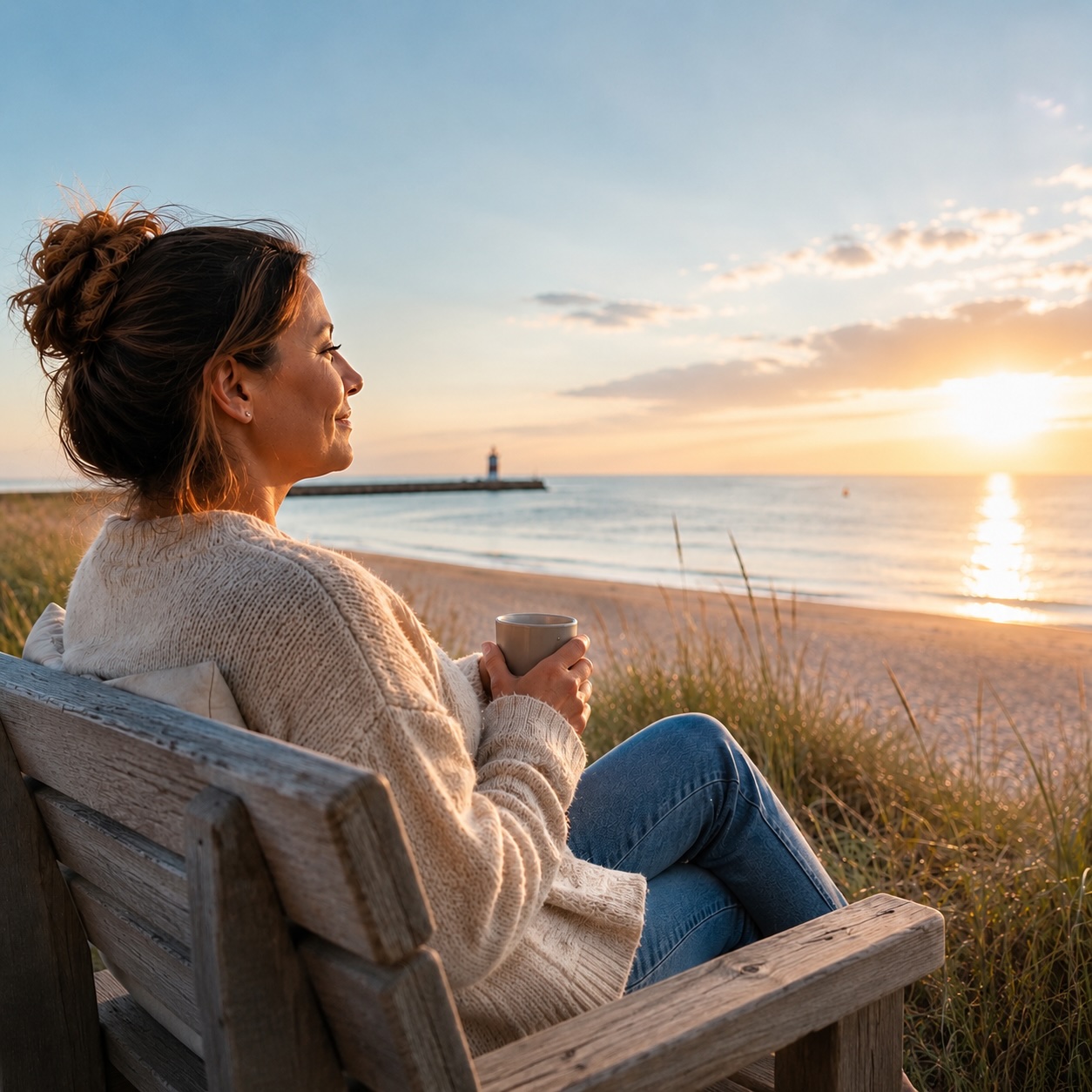 Frau genießt mit einer Tasse in der Hand entspannt den Blick auf das Meer – Symbol für die Hypno Injection als Alternative zur Abnehmspritze und für bewusstes Abnehmen in Cuxhaven.