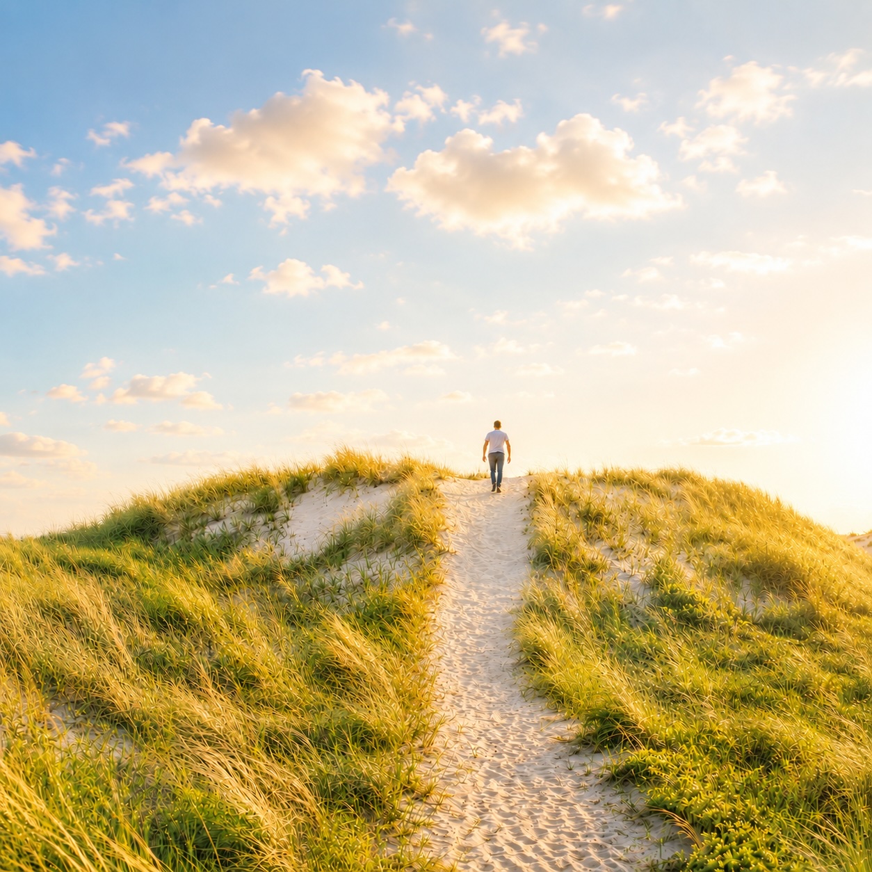 Hypnose bei Depressionen: Person geht einen Dünenweg bergauf als Symbol für neue Perspektiven und die ursachenorientierte Hypnosetherapie im Hypnosezentrum Cuxhaven.