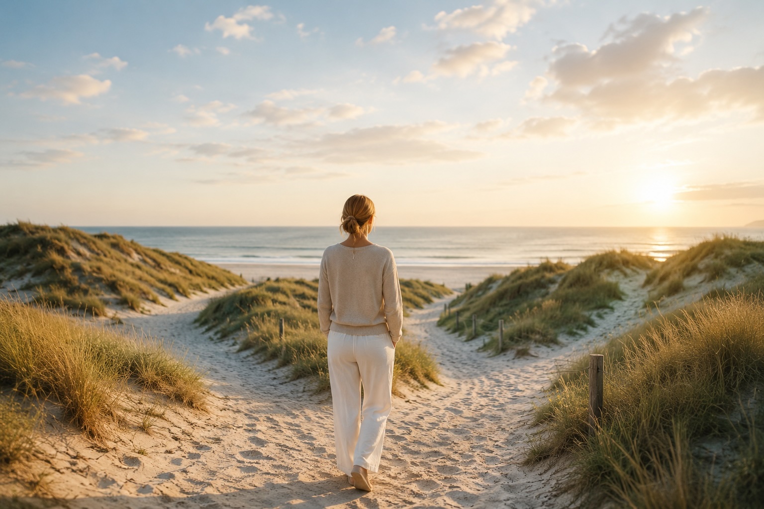Person blickt auf das Meer und einen offenen Dünenweg als Symbol für innere Klarheit, Veränderung und die Yager-Therapie in Cuxhaven